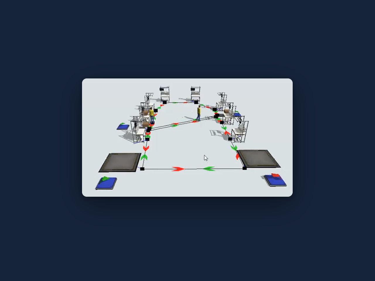 Simulación por software de una celda de ensamblado, con puestos de trabajo y el flujo de abastecimiento.