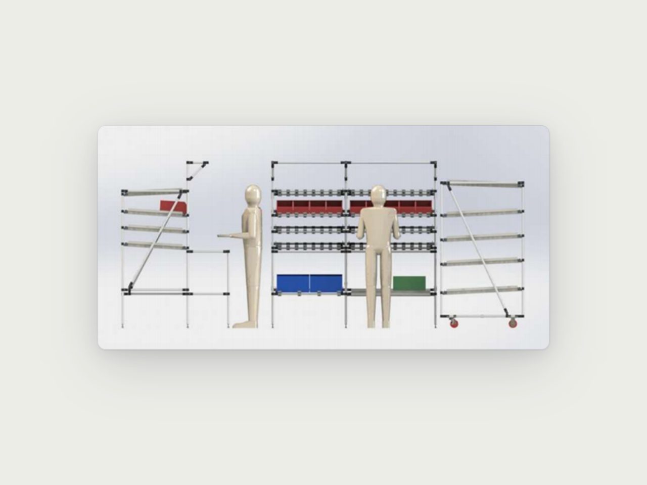 Estructura del Sistema Tubular Modular: tubos, uniones y rodillos para armar carros y estanterías.